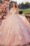 Prinsesse Pink Balkjole Off the Shoulder Lange ærmer Tyl Quinceanera kjole med blonder applikationer