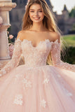 Prinsesse Pink Balkjole Off the Shoulder Lange ærmer Tyl Quinceanera kjole med blonder applikationer