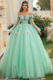 Mint Off The Shoulder Tyl Quinceanera kjole med 3D blomster