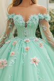 Mint Off The Shoulder Tyl Quinceanera kjole med 3D blomster