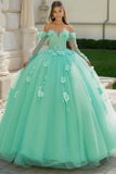 Mint Sweetheart Floral Tyl Quinceanera kjole med lange ærmer