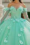 Mint Sweetheart Floral Tyl Quinceanera kjole med lange ærmer