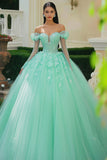 Mint Prinsesse Off The Shoulder Tyl Applikeret Quinceanera Kjole