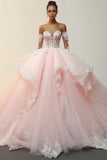 Prinsesse Pink Balkjole Stropløse Flæser Applikeret Tyl Quinceanera Kjole med aftagelige ærmer