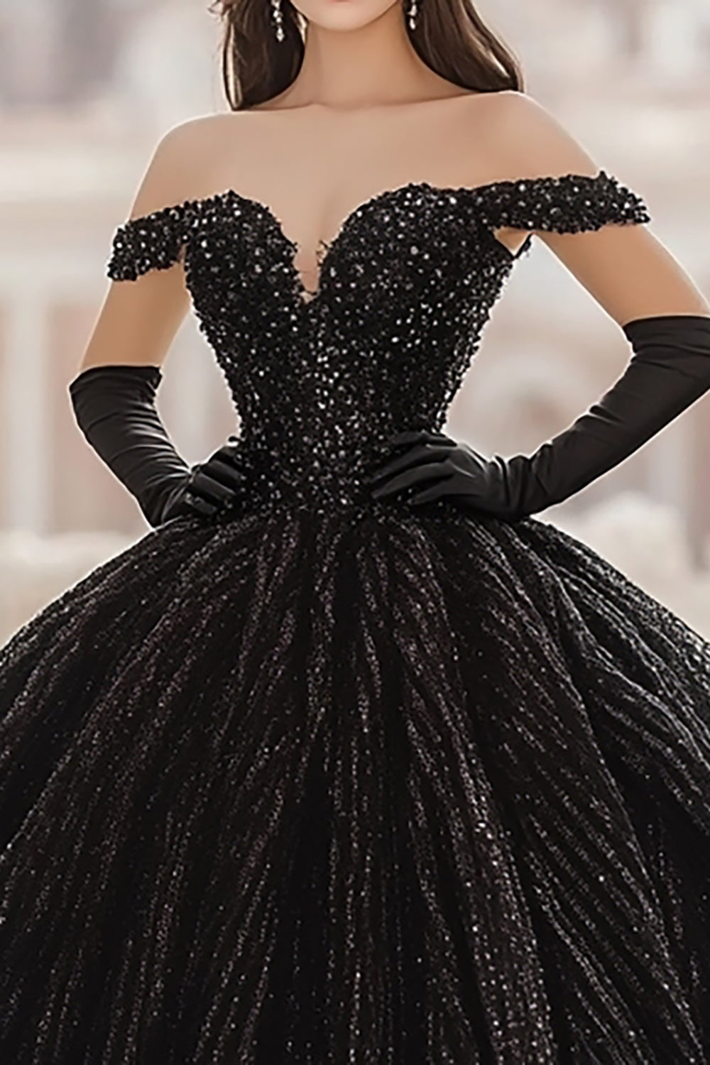 Pailletter Off The Shoulder Balkjole Sort Lang Quinceanera Kjole