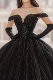 Pailletter Off The Shoulder Balkjole Sort Lang Quinceanera Kjole
