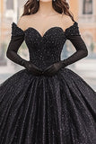 Sort Off The Shoulder Ball kjole Lang Quinceanera Kjole med lange ærmer