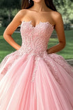 Pink balkjole stropløs applikeret lang quinceanera kjole