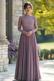 Sort slips Vintage Mauve kolonne Scoop Chiffon lang mor til bruden kjole med blonder applikationer