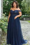 Elegant Navy Off the Shoulder A-linje Chiffon Lang Baby Of the Bride Kjole med blonder applikationer