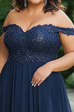 Elegant Navy Off the Shoulder A-linje Chiffon Lang Baby Of the Bride Kjole med blonder applikationer