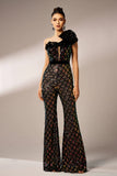 Glitrende sort stram en skulder flæse blomst pailletter bal jumpsuit