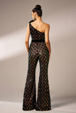 Glitrende sort stram en skulder flæse blomst pailletter bal jumpsuit