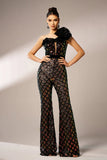 Glitrende sort stram en skulder flæse blomst pailletter bal jumpsuit