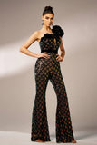 Glitrende sort stram en skulder flæse blomst pailletter bal jumpsuit