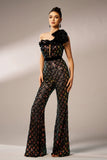 Glitrende sort stram en skulder flæse blomst pailletter bal jumpsuit