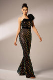 Glitrende sort stram en skulder flæse blomst pailletter bal jumpsuit