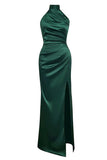 Havfrue Ruched Halter Pine Satin Brudepige Kjole med Slids