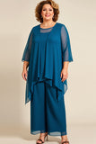 Blæk Blå Plus Size Chiffon Mor til Bruden Bukser Jakkesæt