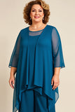Blæk Blå Plus Size Chiffon Mor til Bruden Bukser Jakkesæt