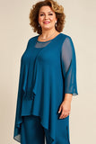 Blæk Blå Plus Size Chiffon Mor til Bruden Bukser Jakkesæt