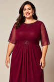 Bordeaux Chiffon Ruched Beaded Plus Size Kjole Til Brudens Mor