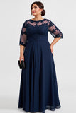 Plus Size Chiffon Blonder Navy Kjole til brudens mor