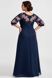 Plus Size Chiffon Blonder Navy Kjole til brudens mor