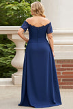Navy Blonder Off the Shoulder Plus Size Kjole til brudens mor