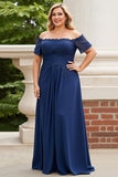 Navy Blonder Off the Shoulder Plus Size Kjole til brudens mor