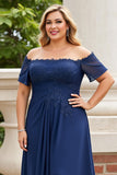 Navy Blonder Off the Shoulder Plus Size Kjole til brudens mor