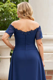 Navy Blonder Off the Shoulder Plus Size Kjole til brudens mor