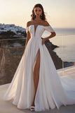 En linje lvory Off The Shoulder Lang brudekjole med slids
