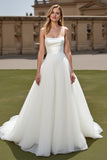 Elfenben Spaghetti Stropper A Line Organza Satin Brudekjole