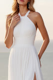 Halter A Line Stretch Satin Ruched Brudekjole Med Slids