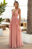 Pink Chiffon Flæsede A Line Brudegæst Kjole