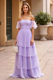 Lilla off the shoulder plisseret lagdelt en linje gallakjole