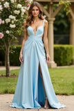 Satin Sky Blå Spaghetti stropper Ruched A Line Prom Kjole med slids
