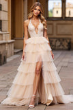 Halter Pink Tyl Blonde Lagdelt Gallakjole med slids