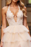 Halter Pink Tyl Blonde Lagdelt Gallakjole med slids