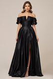 Sort satin Off the Shoulder A Line Gallakjole med Slids