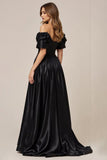 Sort satin Off the Shoulder A Line Gallakjole med Slids