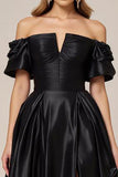 Sort satin Off the Shoulder A Line Gallakjole med Slids