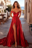 Off the Shoulder A Line plisseret rød satin gallakjole med slids