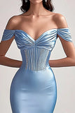 Himmelblå Off The Shoulder havfrue Satin Gallakjole