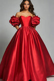Rød Off The Shoulder En linje Satin Flæser Gallakjole