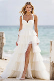 Hvid A Line Lagdelt Organza Gallakjole