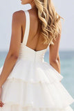Hvid A Line Lagdelt Organza Gallakjole