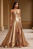 Guld Stropløs A Line Metallic Satin Gallakjole
