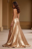 Guld Stropløs A Line Metallic Satin Gallakjole